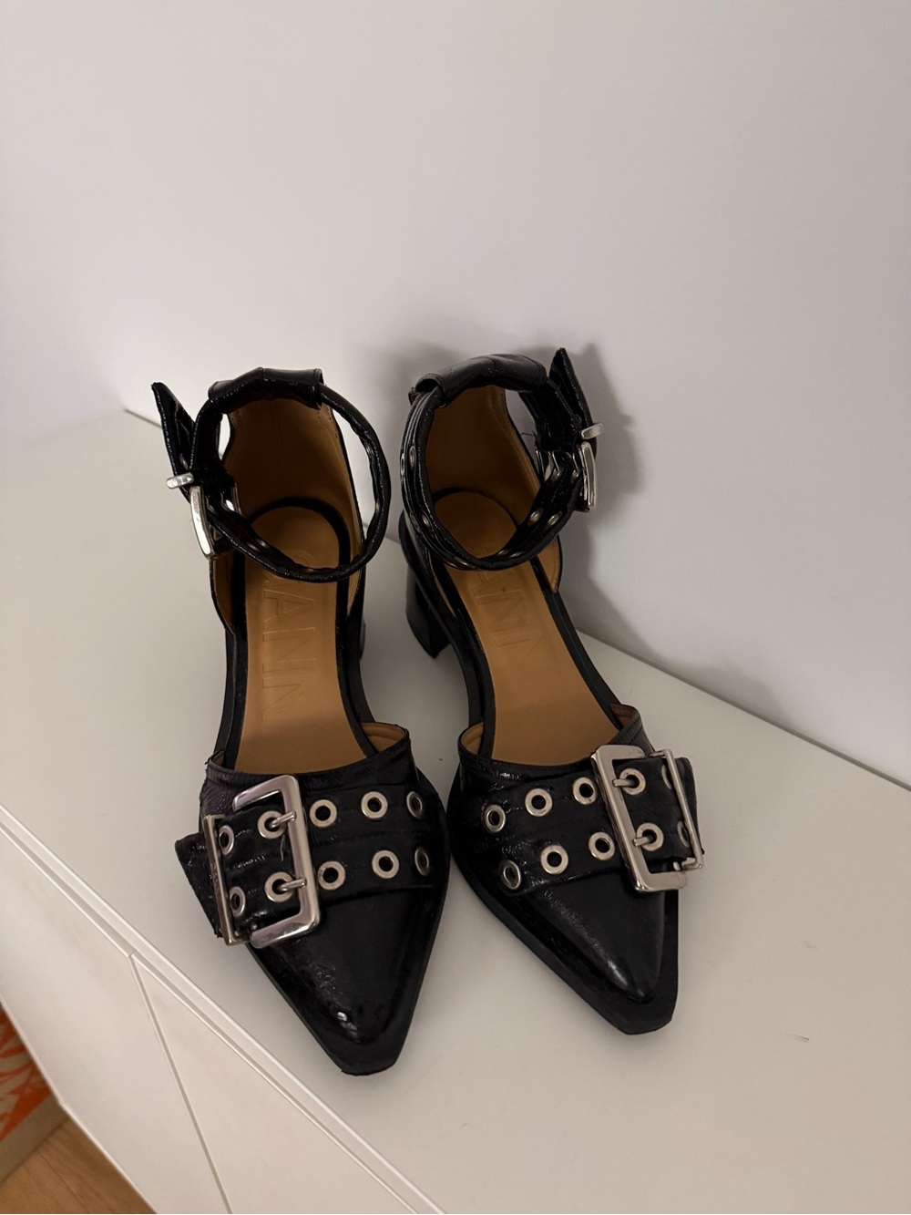 Ganni Black Pointed Buckle Ankle-Strap Heels